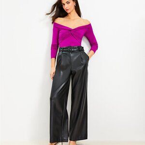 Black Belted Wide Leg Pants in Faux Leather